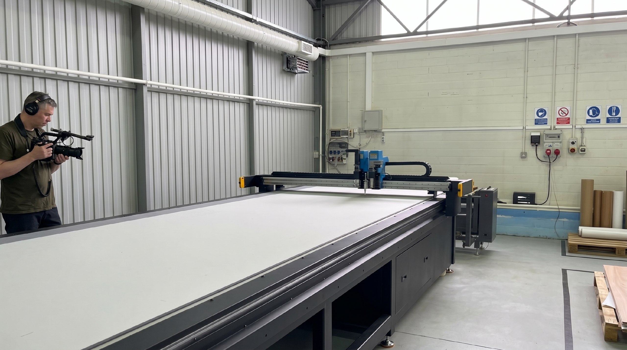 Lyubertsy shell line · camera team documenting CNC cutting workflow on the long bed