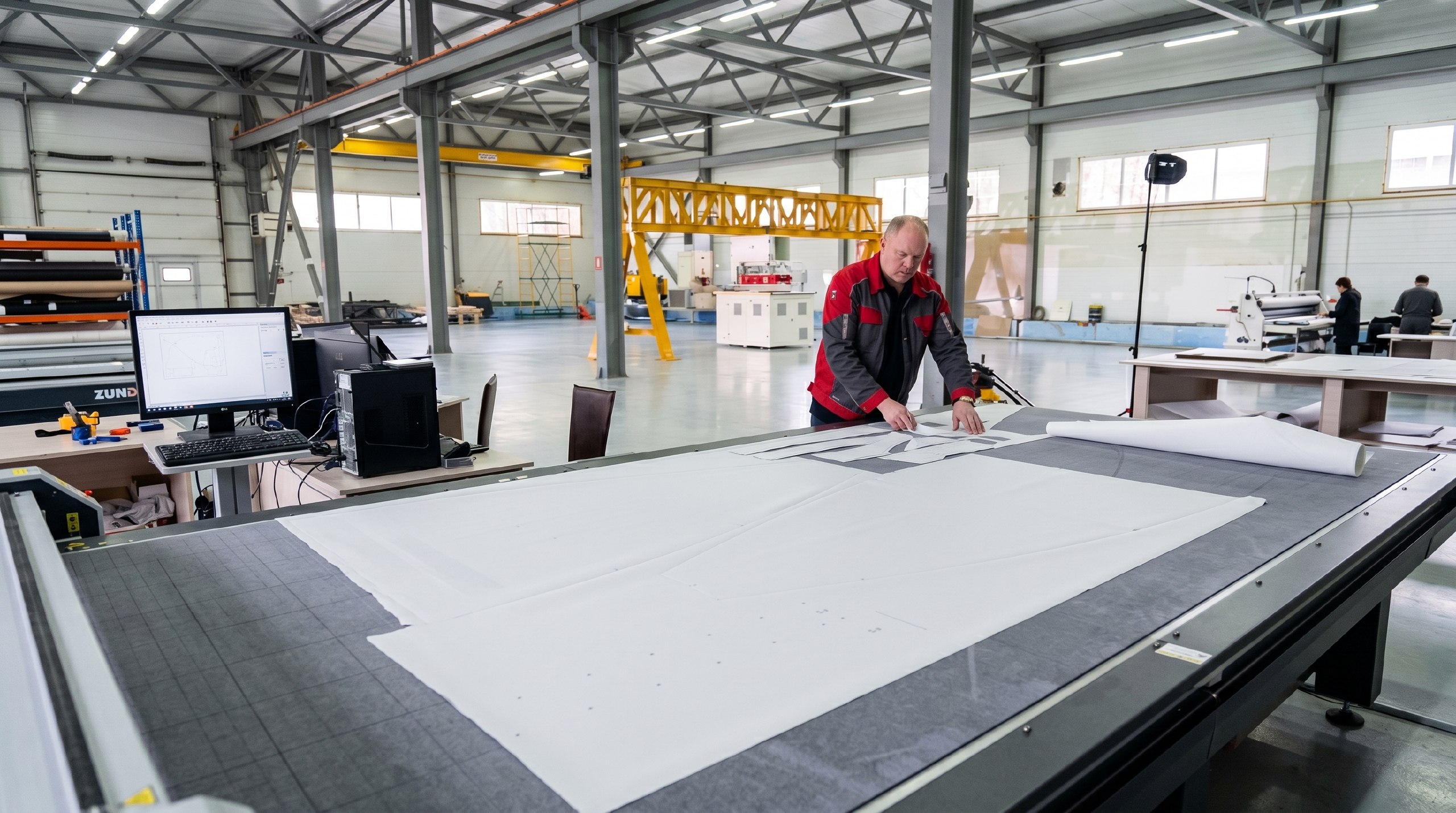 Lyubertsy shell shop · large-format cutting table for envelope pattern preparation