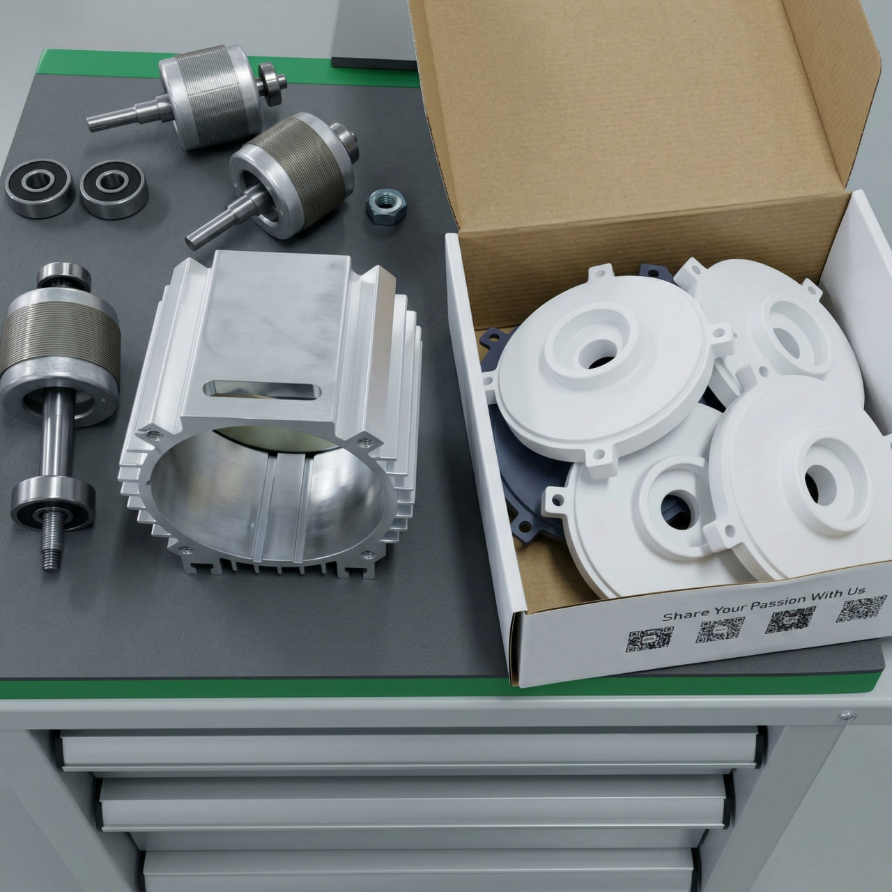 Motor components on a workbench — rotors, housings, end-shields