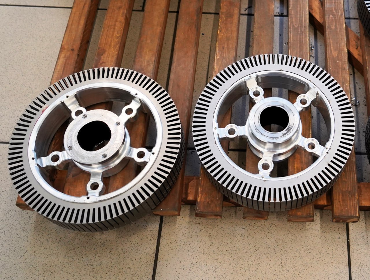 Rotor assemblies on pallet — staging for motor build-up