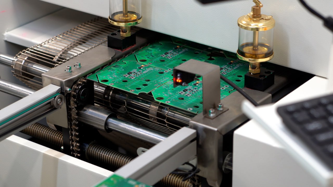 PCB production line · ESC controller boards moving through the assembly conveyor