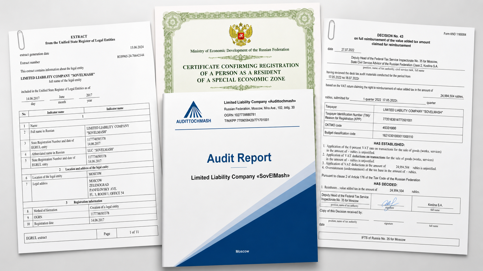 Document collage: EGRUL registry extract, SEZ residency, tax rulings, and audit confirmations